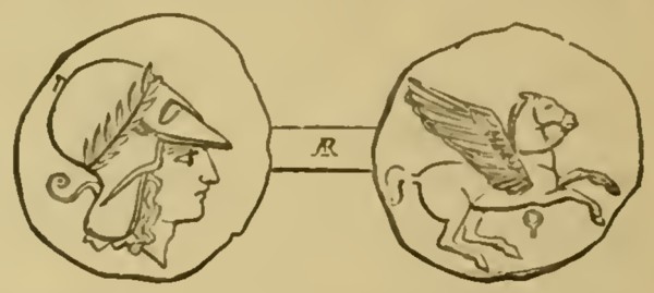 Didracma de Corinto. Anverso, cabeza de Minerva - Reverso, Pegaso