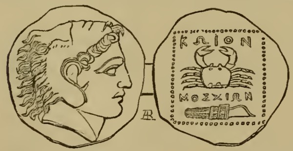 Tetradracma de Cos - Anverso, cabeza de Hércules - Reverso, cangrejo y arco