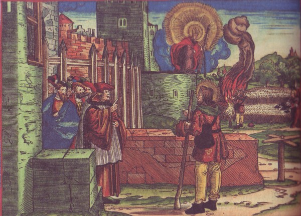 El sacerdote Amasías (vestido como un clérigo católico)le manda a Amós que se marche a su tierra.Ilustración para la traducción de la Biblia de Lutero, 1534, folio 28