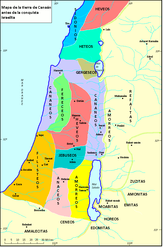 Mapa de la tierra de Canaán antes de la conquista israelita