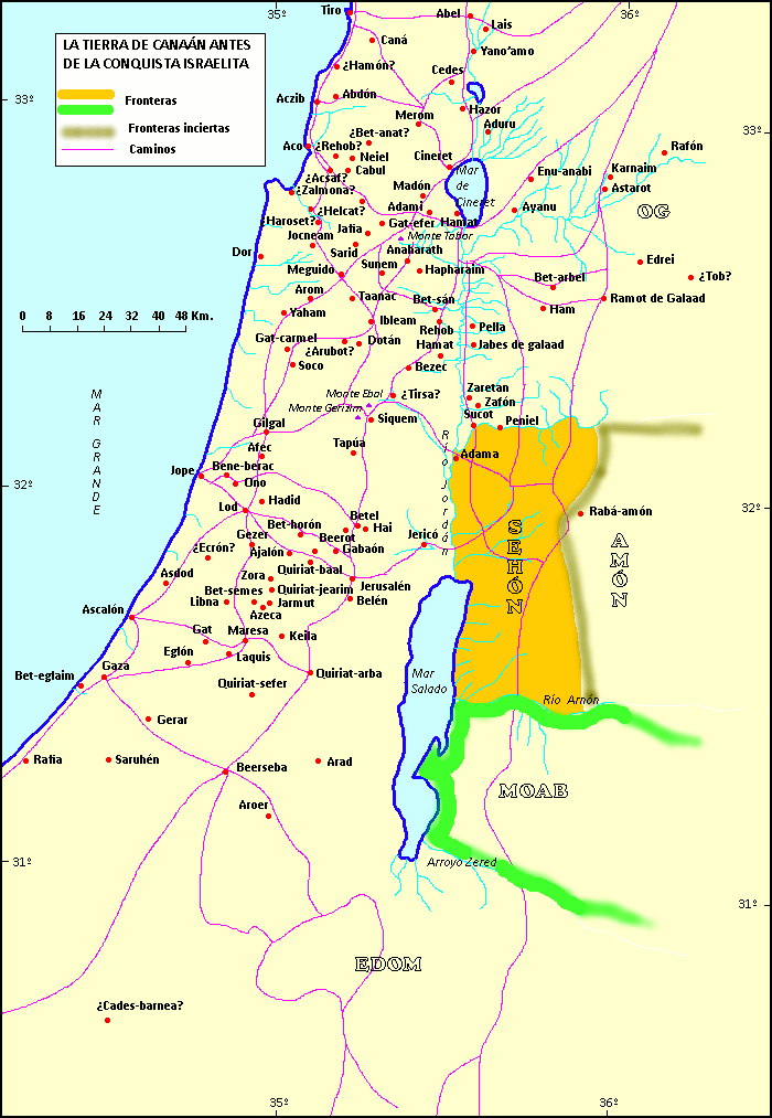 Mapa de la tierra de Canaán antes de la conquista israelita