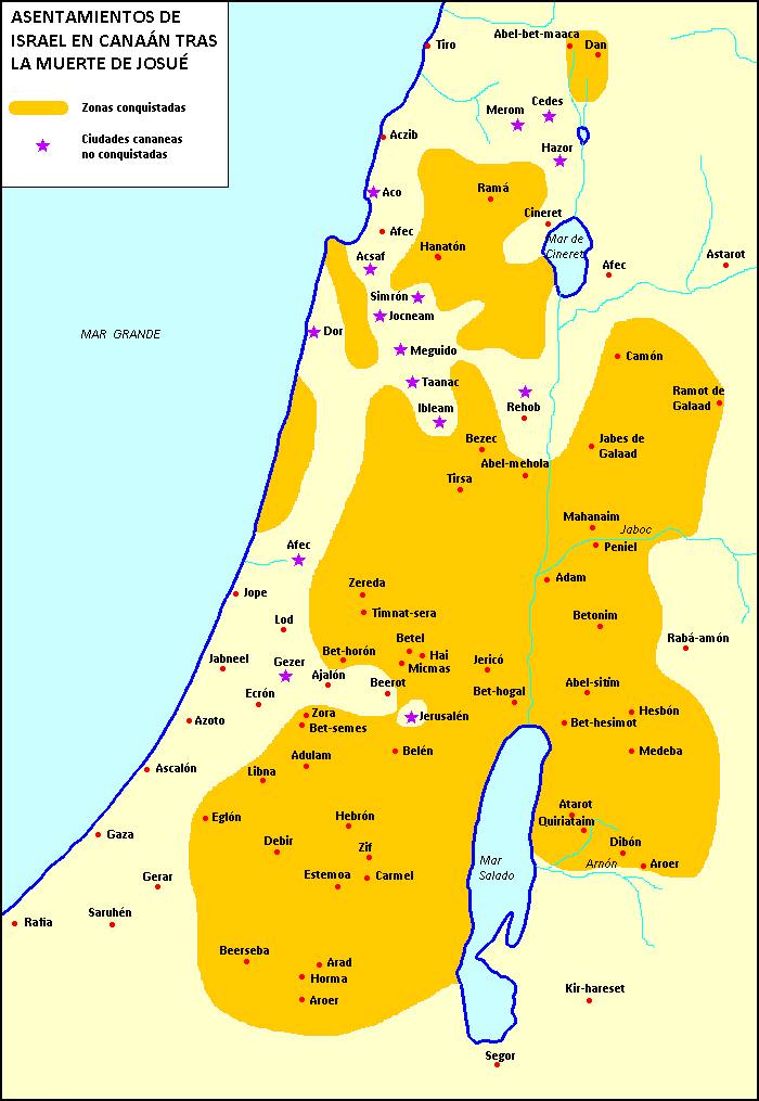 Mapa de los asentamientos de Israel en Canaán tras la muerte de Josué