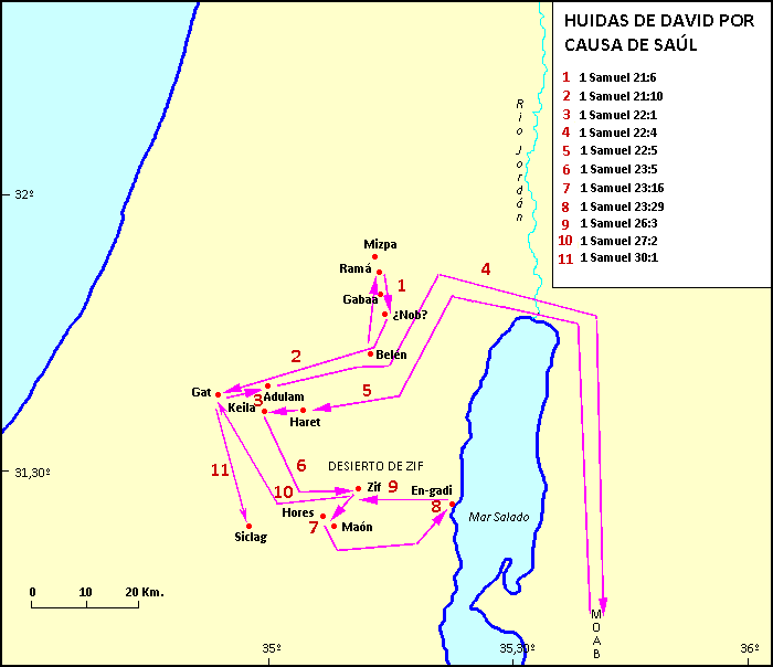 Mapa de las huidas de David por causa de Saúl