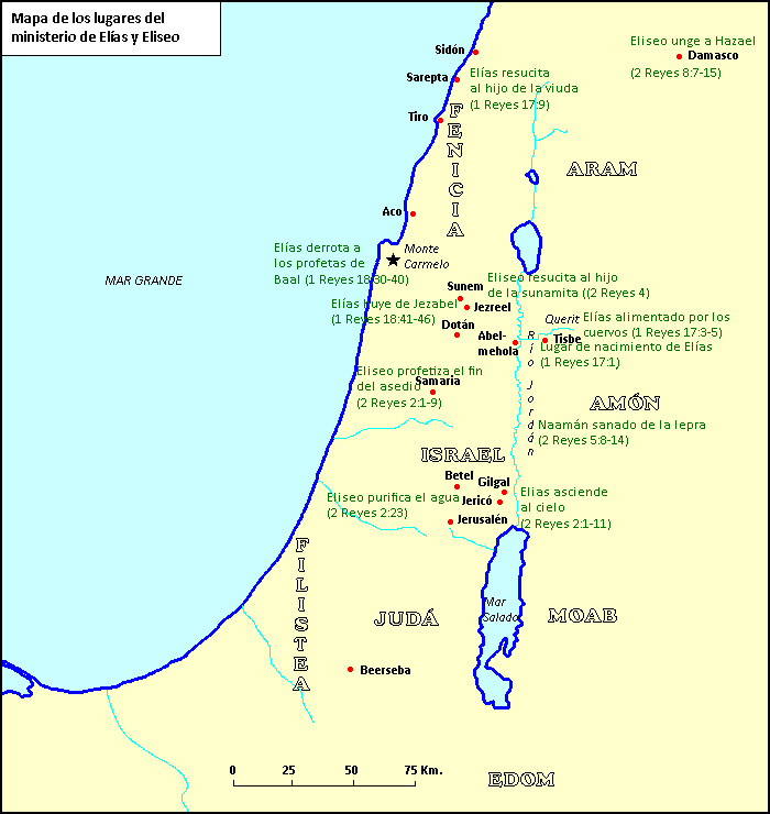Mapa de los lugares del ministerio de Elías y Eliseo