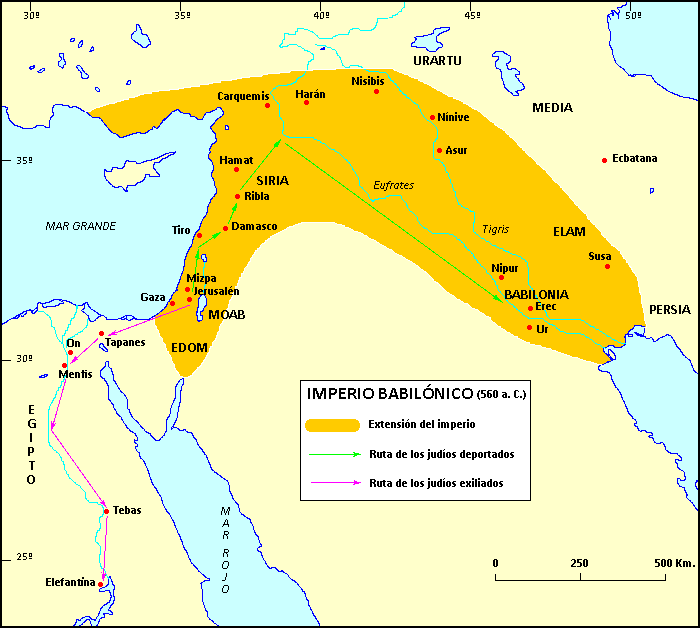 Mapa del imperio babilónico y rutas de los exiliados judíos