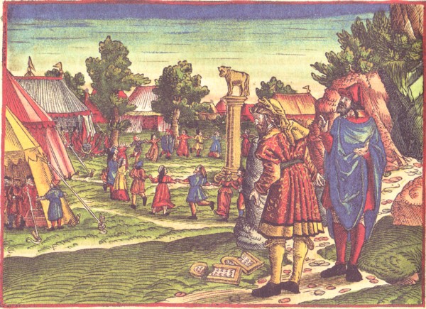 Los israelitas danzando alrededor del becerro de oro, ilustración para la traducciónde la Biblia de Lutero, 1534, folio 56
