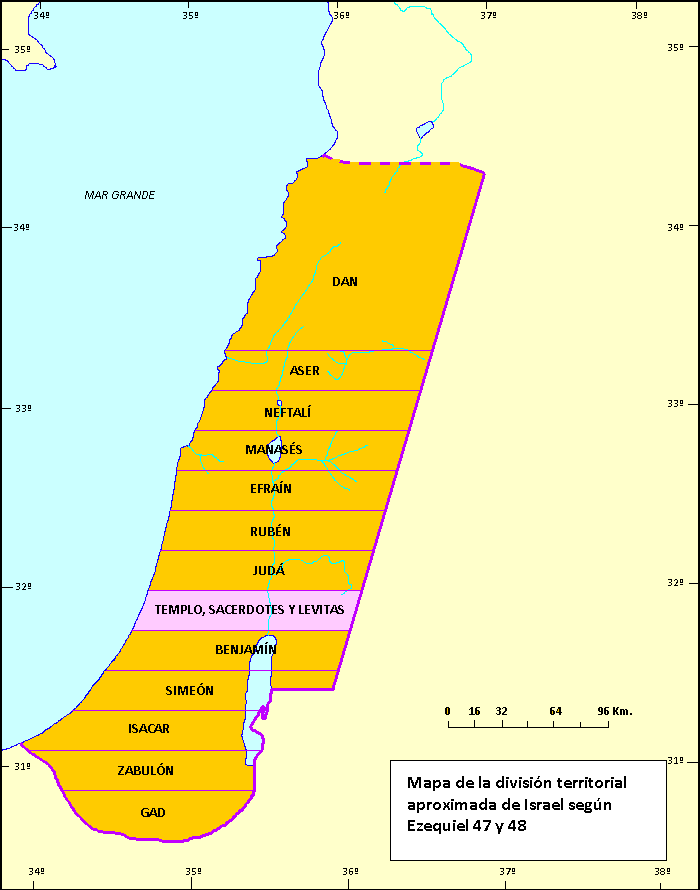 Mapa de la divisón territorial aproximada de Israel según 