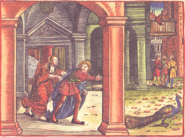 José huye de la mujer de Potifar, ilustración para la traducciónde la Biblia de Lutero, 1534, folio 25