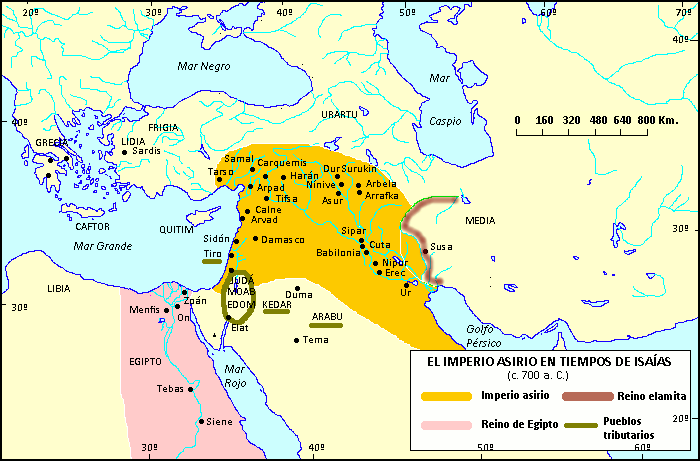 Mapa del imperio asirio en tiempos de Isaías