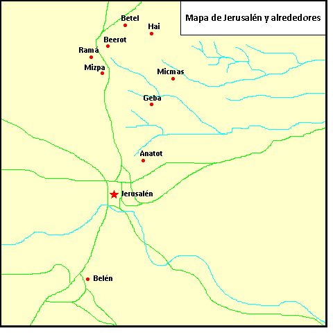 Mapa de Jerusalén e inmediaciones en tiempo de Jeremías