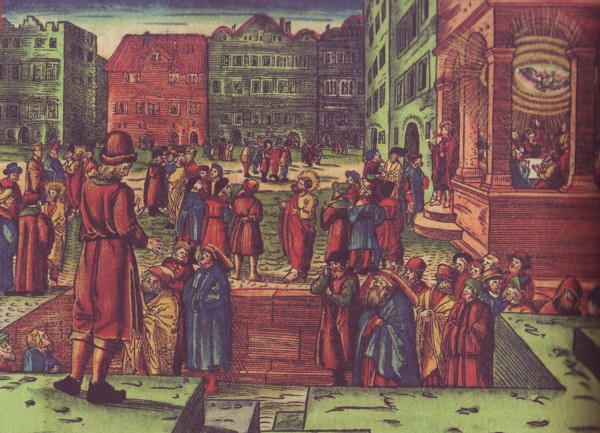 Joel predicando en un mercado. A la derecha escena de PentecostésIlustración para la traducción de la Biblia de Lutero, 1534, folio 25