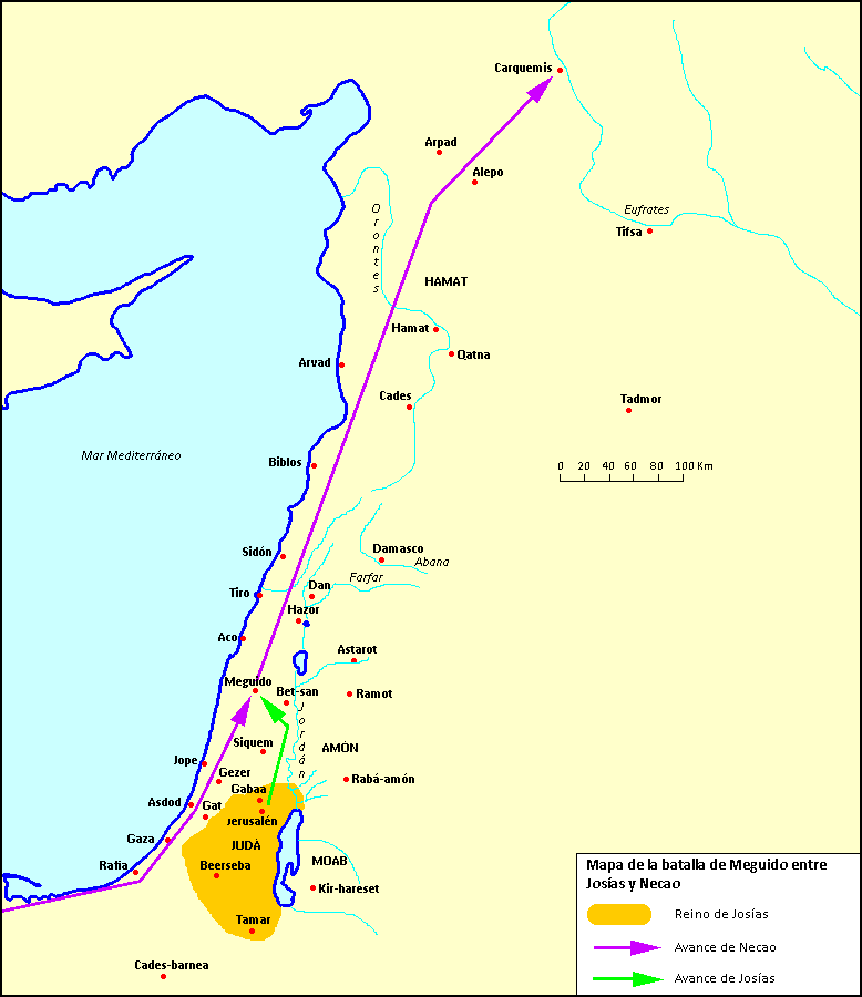 Mapa de la batalla de Meguido, entre Josías y Necao ()