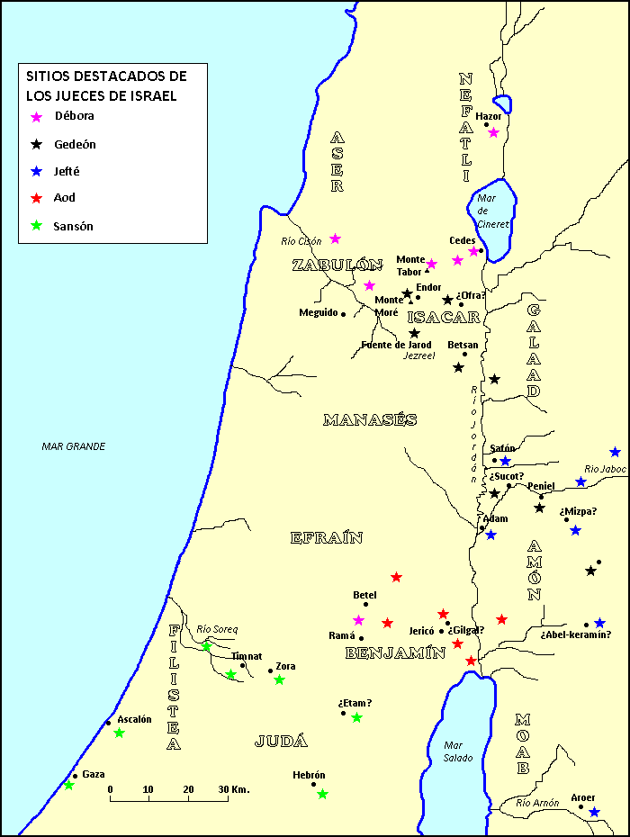 Mapa de los sitios destacados de los jueces de Israel