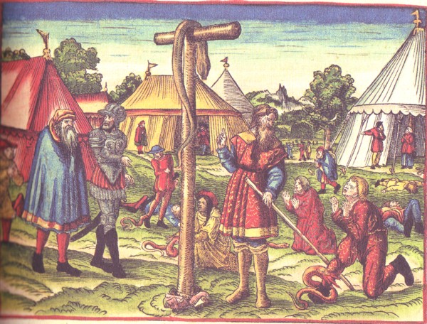 Moisés y la serpiente de bronce, ilustración para la traducciónde la Biblia de Lutero, 1534, folio 98