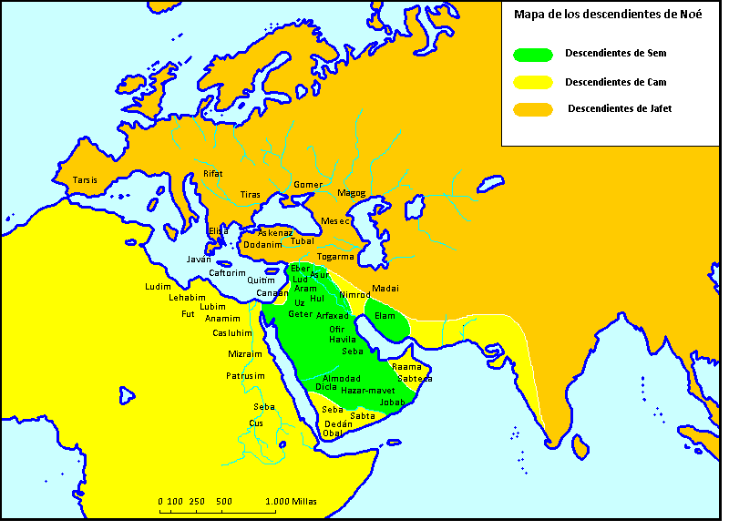 Mapa del mundo antiguo y los descendientes de Noé