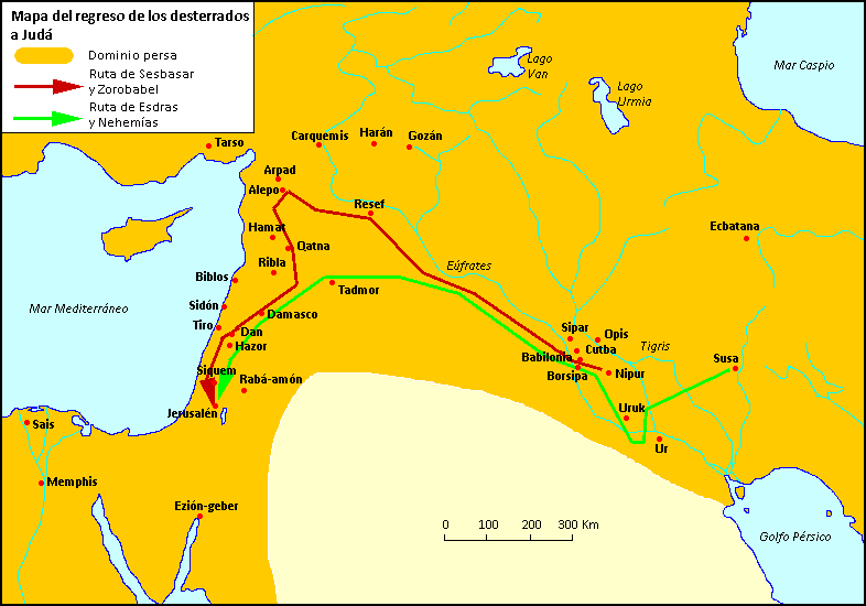 Mapa del regreso de los desterrados a Judá
