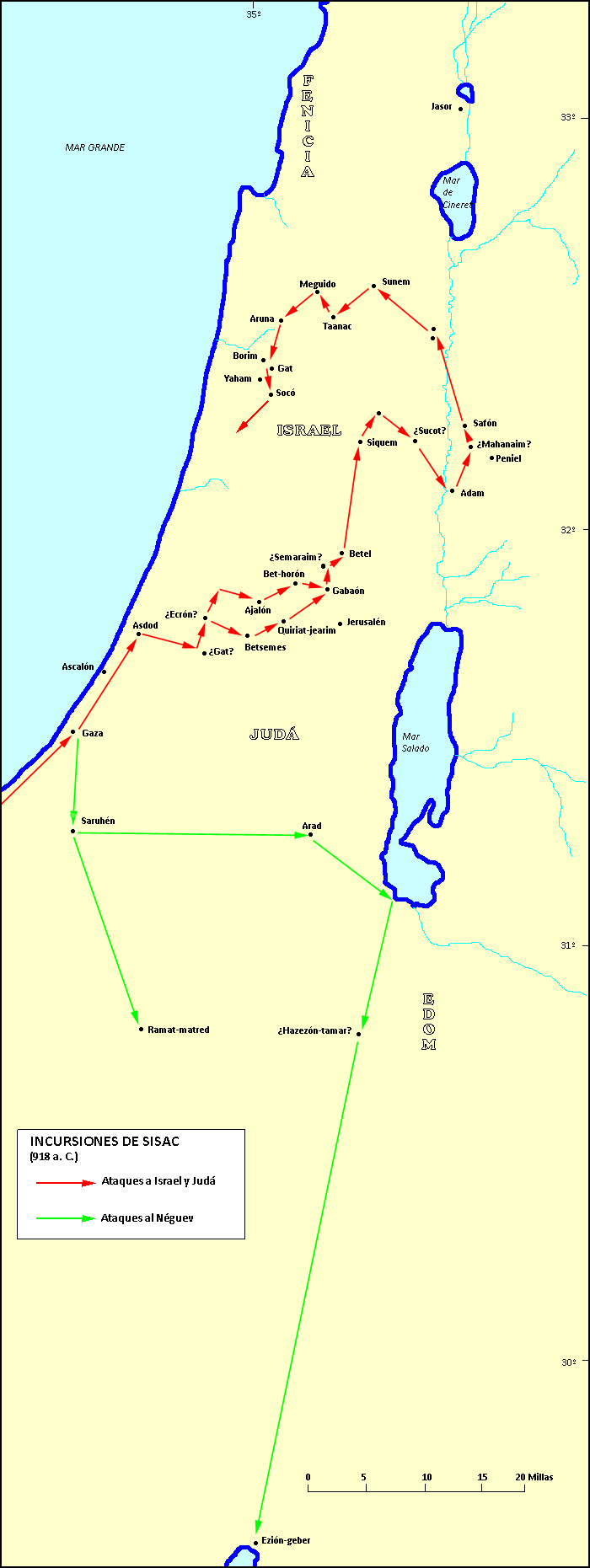 Mapa del avance de Sisac, según la información hallada en el templo de Amón en Karnak