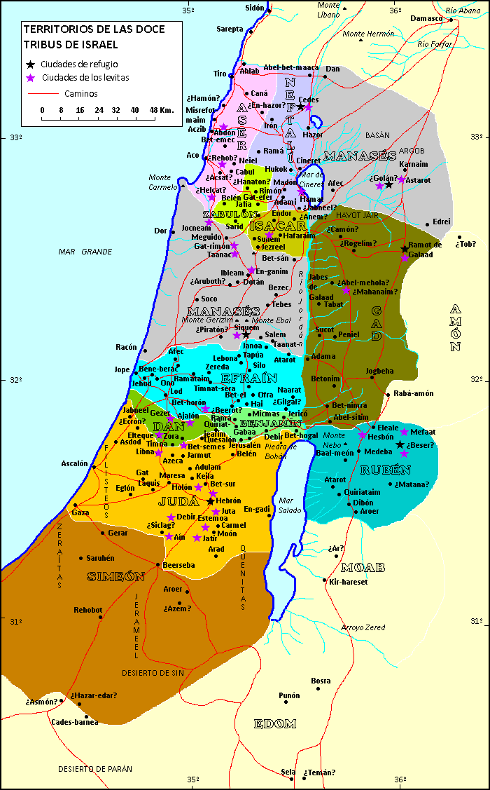 Mapa de los territorios de las doce tribus de Israel