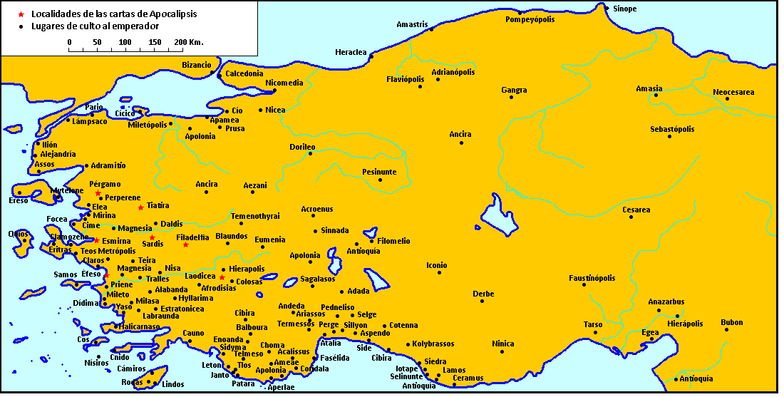 Mapa de los lugares de culto al emperador en Anatolia en la época del Nuevo Testamento