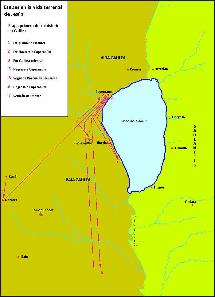 Mapa de la primera etapa del ministerio de Jesús en Galilea