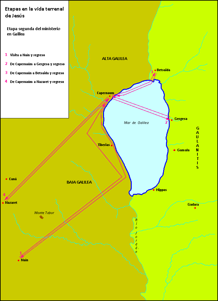 Mapa de la segunda etapa del ministerio de Jesús en Galilea