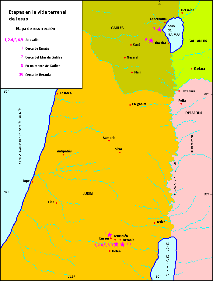 Mapa de la etapa de la resurrección de Jesús
