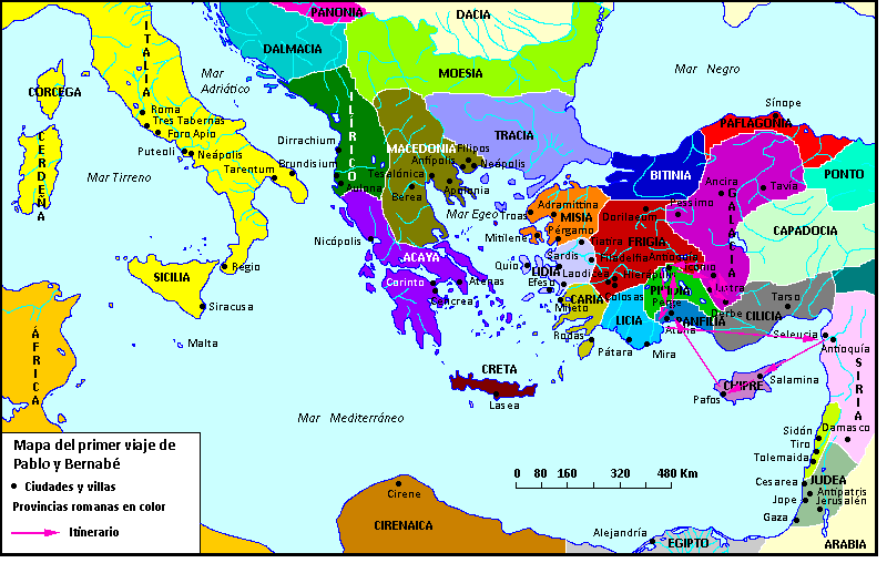 Mapa del primer viaje de Pablo y Bernabé