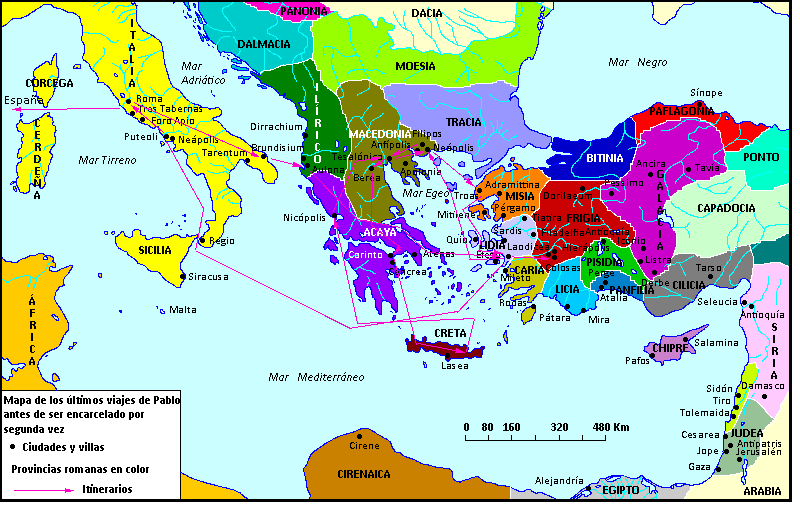 Mapa de los últimos viajes de Pablo antes de ser encarcelado por segunda vez