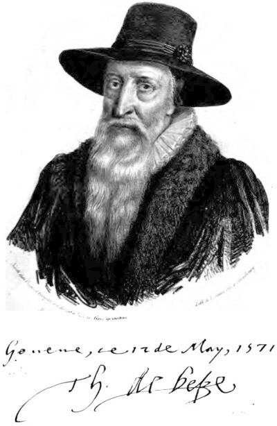 Grabado de Theodore Beza, con su autógrafo