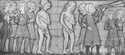 El castigo del adulterio. El paseo infamante.Miniatura del Libro de los Estatutos y Costumbres de Agen,llamado Libro juratorio (Siglo XIII). Biblioteca Nacional, Agen