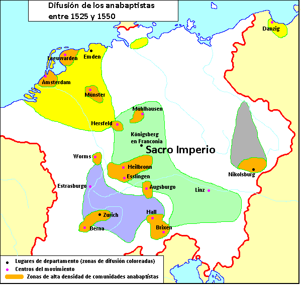 Mapa de difusión de los grupos anabaptistas entre 1525 y 1550