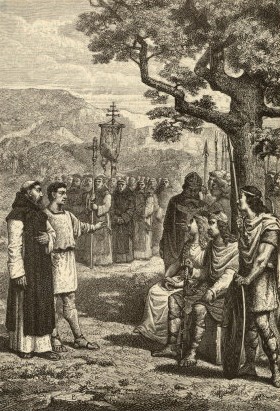 Misioneros cristianos se presentan ante un jefe anglo