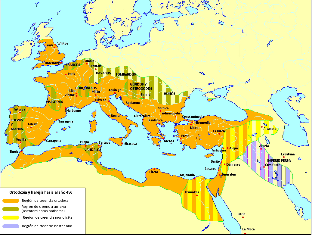 Mapa de la ortodoxia y la herejía hacia el año 450