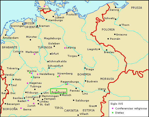 Mapa de las principales conferencias religiosas del siglo XVI en territorio alemán