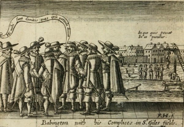 Anthony Babignton con los conspiradores en St. Giles Fields. A la derecha su ejecución