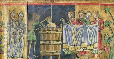 Juan el Bautista bautizando a un discípulo asistido por clérigos menores, de un rollo francés del siglo XII. Additional MS 42497, imágenes 3 y 4