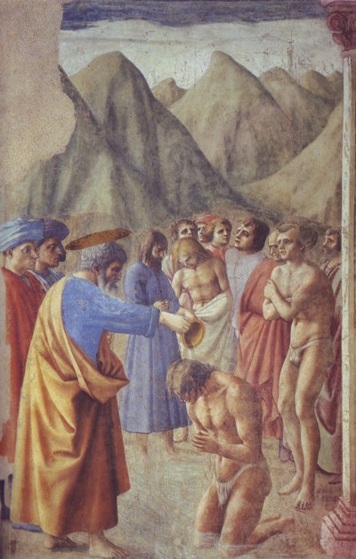 El bautismo de los neófitos, de Masaccio.Capilla Brancacci, Santa Maria del Carmine, Florencia.