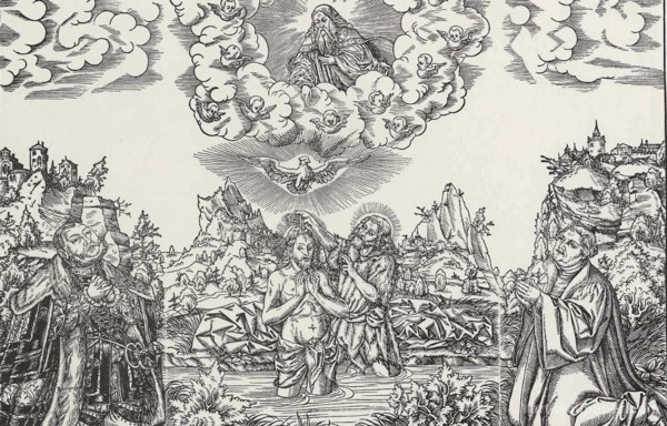 Bautismo de Cristo, con Lutero y Juan Federico de Sajonia. Grabado de Lucas Cranach el Joven