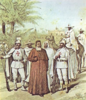 Monseñor Lavigerie y los Padres Blancos, en África, para la represión de la esclavitud, grabado de 1891