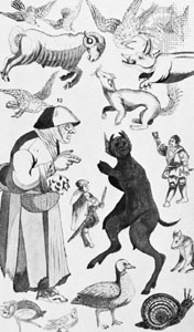 Una bruja y sus familiares, ilustración de un discurso sobre la brujería, 1621; en la Biblioteca Británica (MS. Add. 32496, f. 53)