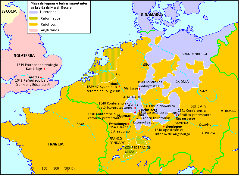 Mapa de los lugares y fechas importantes en la vida de Martín Bucero