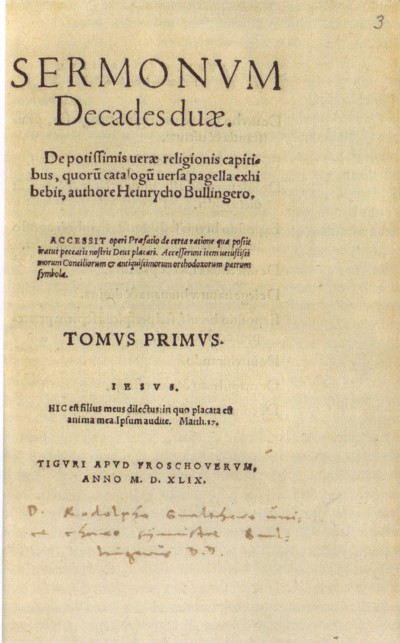 Portada de Sermonum Decades duae, Zurich 1549.