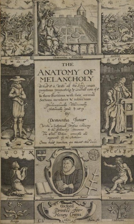 Frontispicio de Anatomy of Melancholy, grabado de C. Le Blond
