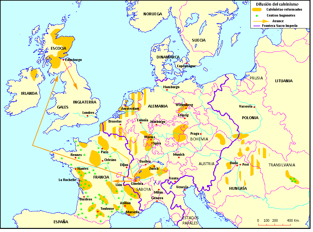 Mapa de la difusión del protestantismo reformado en el siglo XVI