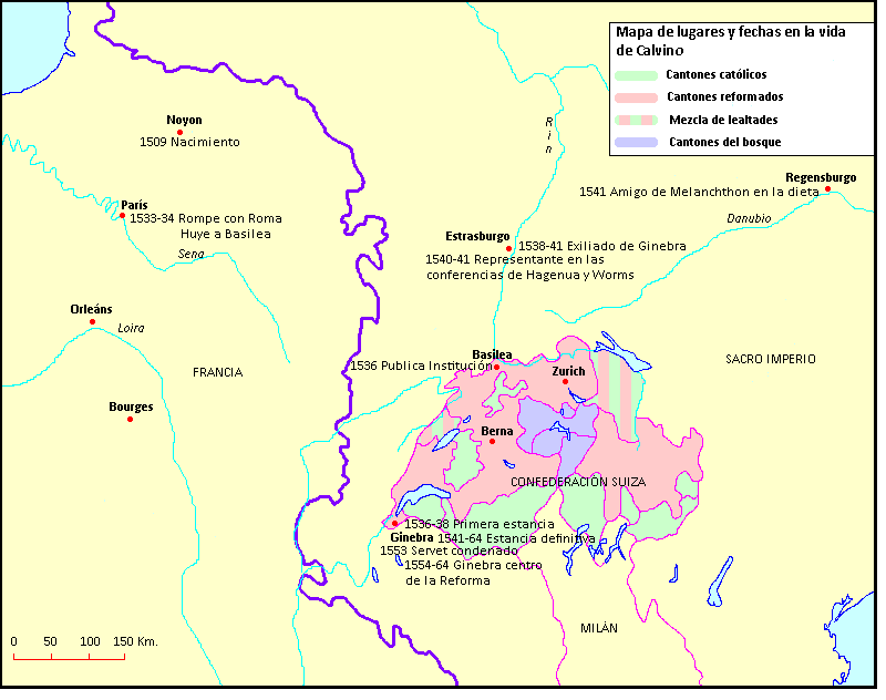 Mapa de los principales lugares y fechas en la vida de Calvino