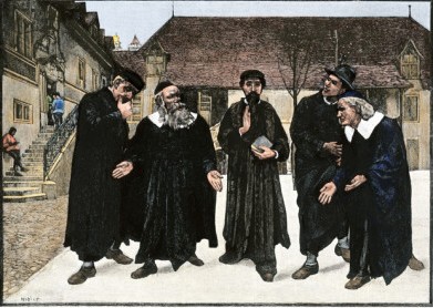 Calvino y los cuatro síndicos discutiendo la fundaciónde la academia de Ginebra