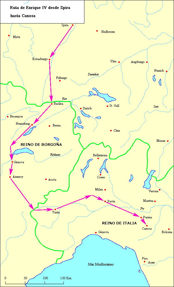 Mapa del camino emprendido por Enrique IV desde Spira a Canosa