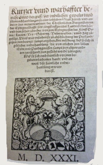 Manifiesto de la ciudad de Zurichantes de la segunda guerra de Cappel, 1531