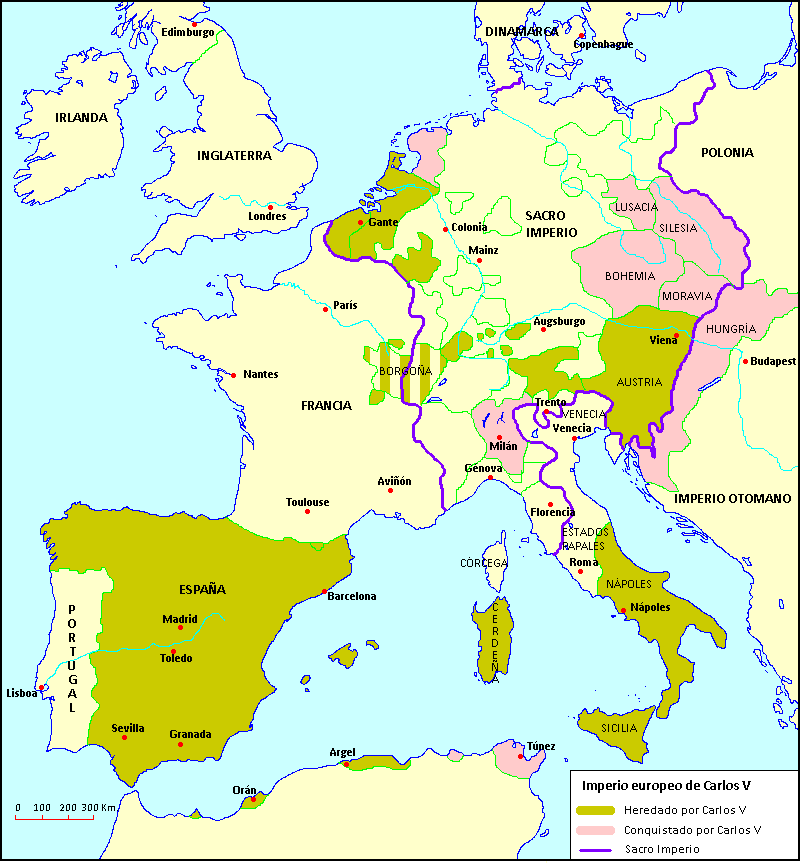 Mapa del imperio europeo de Carlos V