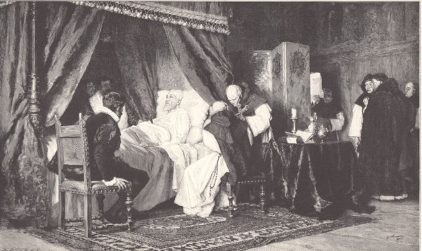 Últimos momentos de Carlos V, grabado de R. Bong según una pintura de C. P. Torriglio